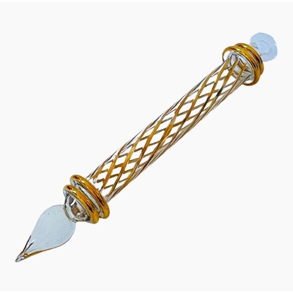 Oversized Egyptian Glass Teardrop Ornament Plaid Gold White Xmas 8.5” Holiday De - Picture 5 of 6